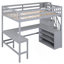 Lit mezzanine double avec bureau intégré en forme de L et tablettes de rangement à trois niveaux, et escalier de rangement attaché, gris