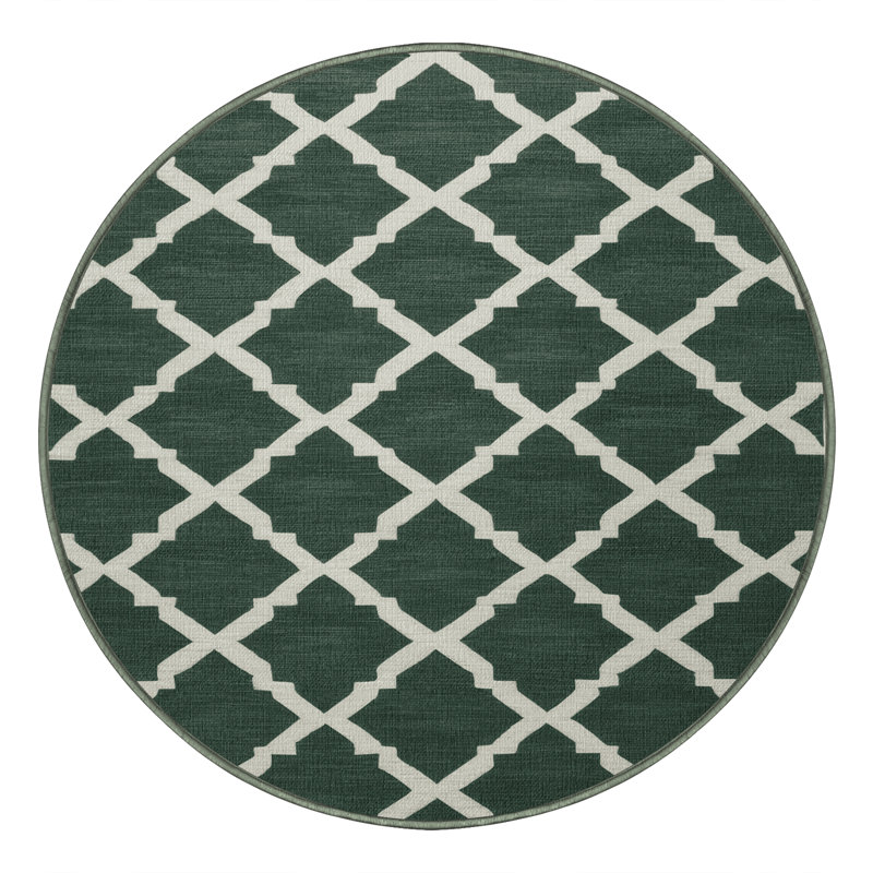 Machine Washable Trellis Green Area Rug, Round 4'