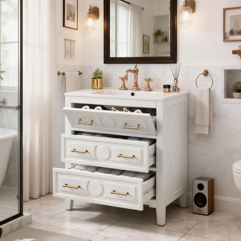 Meuble-lavabo encastré en céramique 30 po avec 3 tiroirs et fabrication en bois massif, Blanc