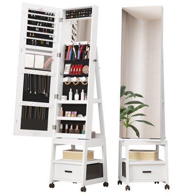 Armoire à bijoux pivotante à 360 °, organisateur de bijoux sur pied verrouillable avec miroir pleine longueur