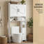 Armoire de rangement au-dessus de la toilette avec 2 portes de grange, support pour papier hygiénique, tablette de salle de bain autoportante, blanc, pour salle de bain