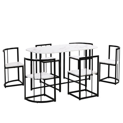 Modern 7-piece Dining Set, Compact 55-inch Marble-look Dining Table With 6 Chairs