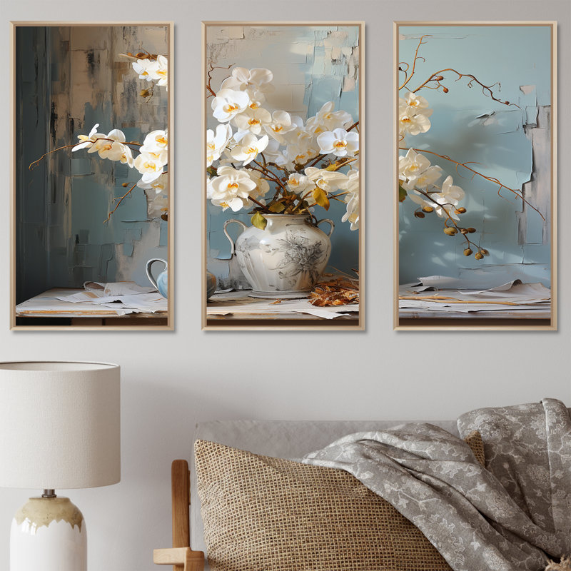 «White Orchids Farmhouse Still Life», ensemble de reproductions d'art mural orchidées, H 40 po x l 60 po x P 1 po