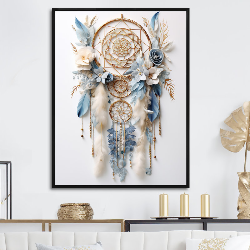 Attrape-rêves blanc et bleu Tranquility sur toile, H 40 po x l 30 po x P 1,5 po, Cadre flottant noir