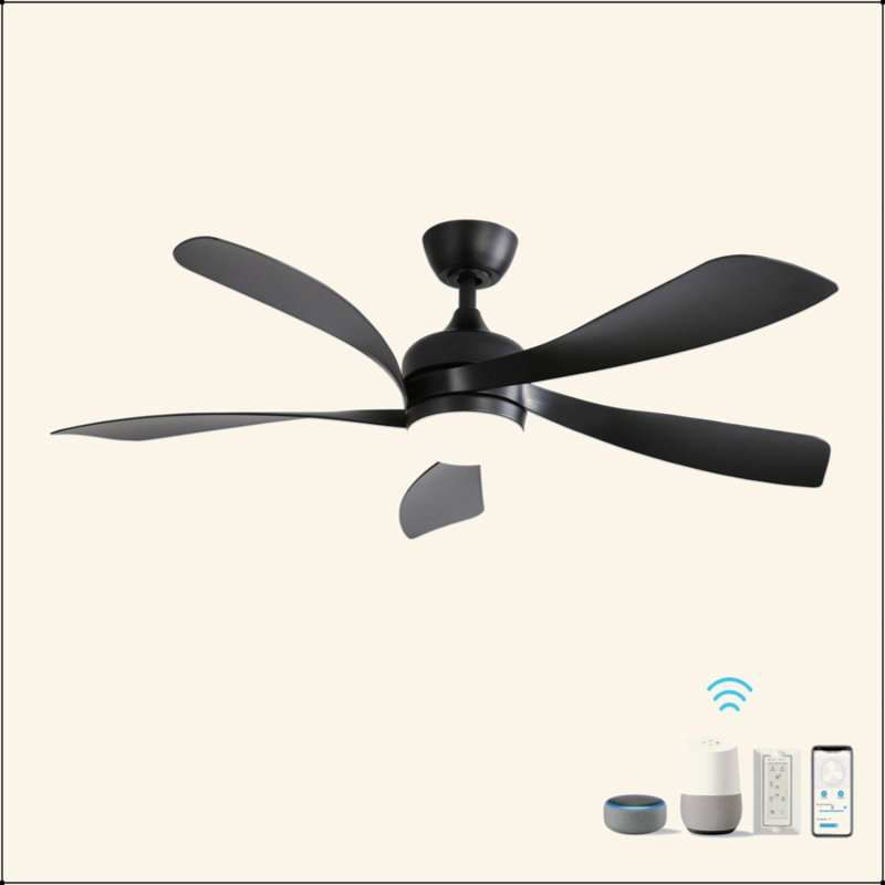 Ventilateur de plafond moderne de 52 pouces avec 3 lumières à intensité variable et 5 pales ABS, télécommande, moteur à courant continu, télécommande, noir