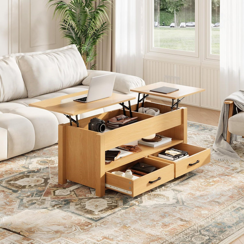 Table basse avec plateau relevable, table basse convertible avec plateau relevable en bois, 2 tiroirs et compartiment caché, table centrale avec rangement pour le bureau à domicile