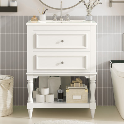 Meuble-lavabo 24 po Retro Design - Lavabo en céramique avec tablette ouverte et 2 tiroirs, style rétro Palace