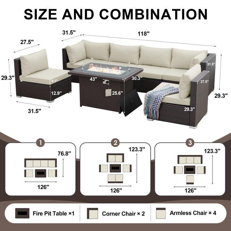 7-Piece Outdoor Furniture Set with Fire Pit Patio Wicker Conversation Set Cushions, Espresso, Beige