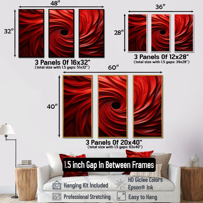 «Red Abstract Spiral Dreamscape III», art mural abstrait en spirale, Cadre flottant noir, H 28 po x l 36 po x P 1 po