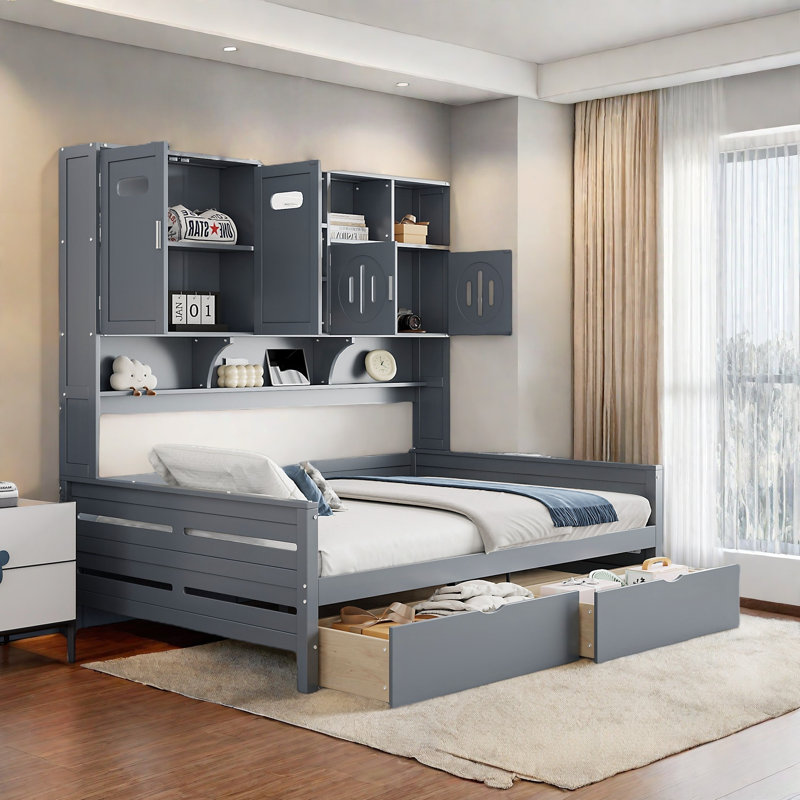 All-in-one Wooden Daybed With 2 Drawers, Cabinets And Shelves, Full , Gray