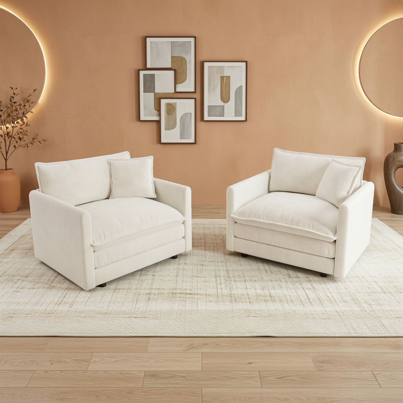 Ensemble de 2 fauteuils d'appoint rembourrés avec coussins et coussins décoratifs pour le salon, Blanc