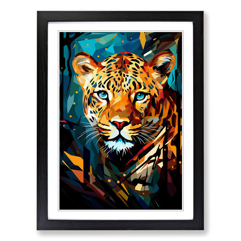 Leopard Cubism - Single Picture Frame Print on Wood, Black Framed, 64cm H x 46cm W x 2cm D