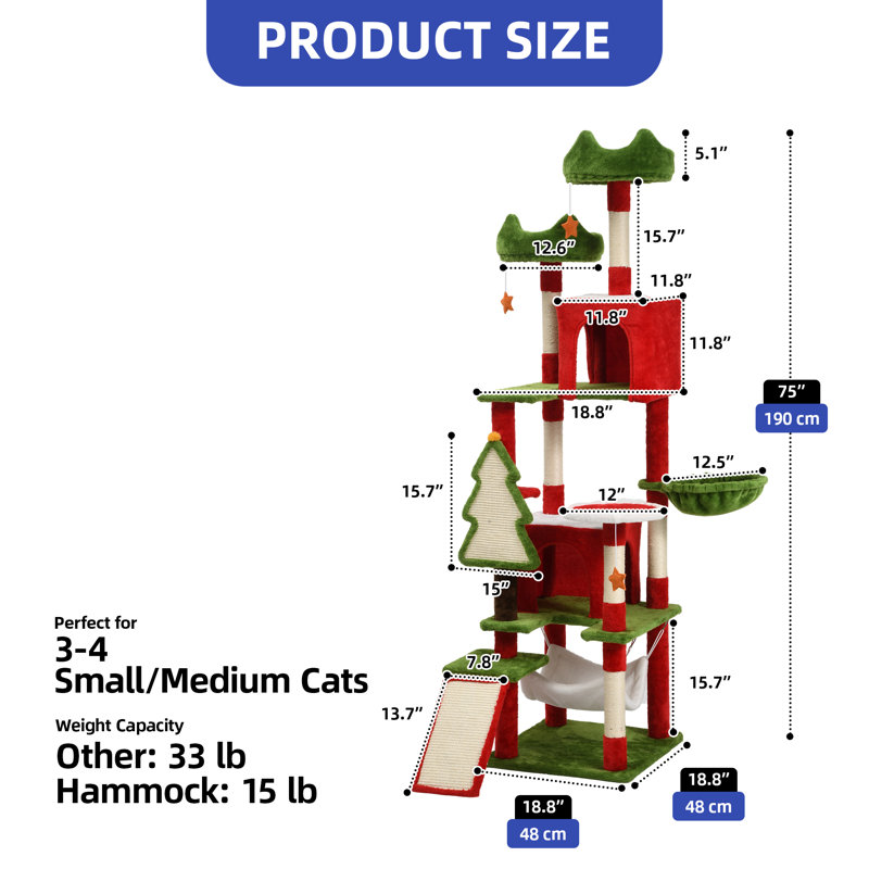 Christmas-Themed Multi-Level Cat Tree with Hammock and Scratching Posts