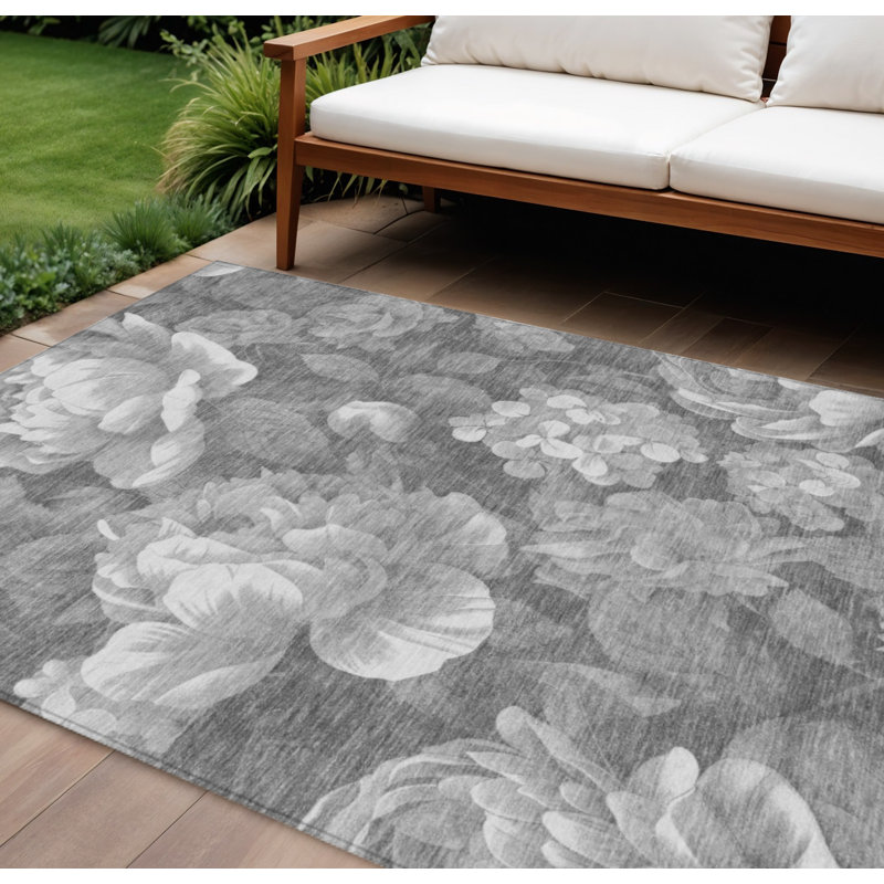 Tapis extérieur lavable floral gris et gris anthracite 9 pi x 12 pi