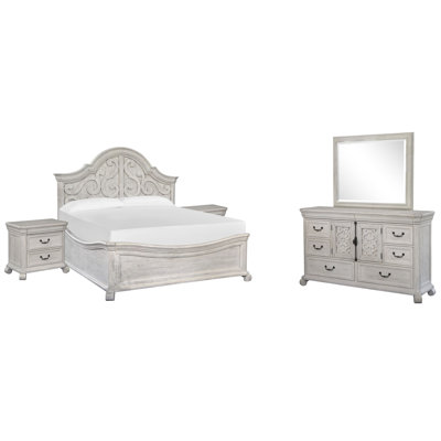 California King Shaped Panel Bed 2 Nightstands And Drawer Dresser With Landscape Mirror