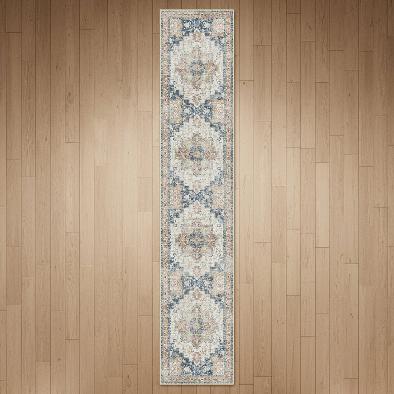 Tapis oriental performance Roehit, Bleu / Orange, Tapis de couloir 2 pi x 10 pi