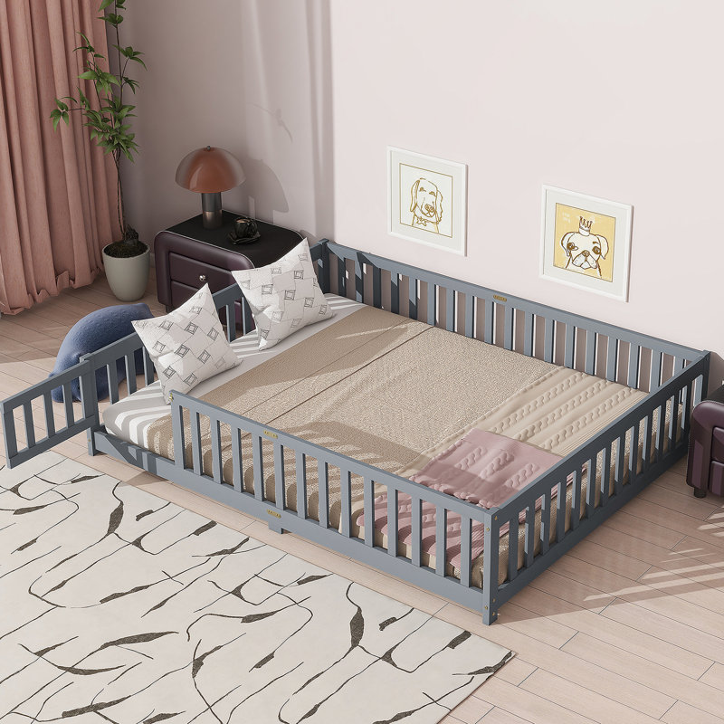 Floor Platform Bed With Fence Guardrails And Door, Queen, Gray