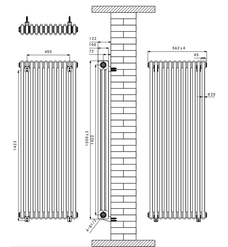 Valery Vertical Traditional 3 Column Cast Iron Style Designer Radiator, 150cm H x 56cm W, White