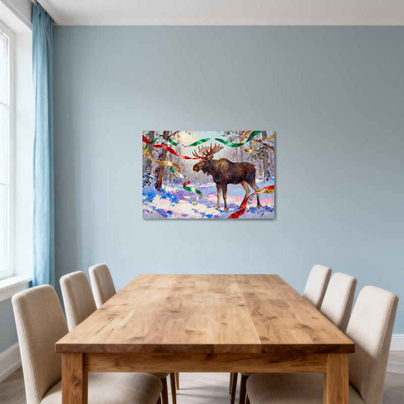 Orignal de Noël dans la forêt d'hiver avec des rubans colorés, 16" H x 24" W