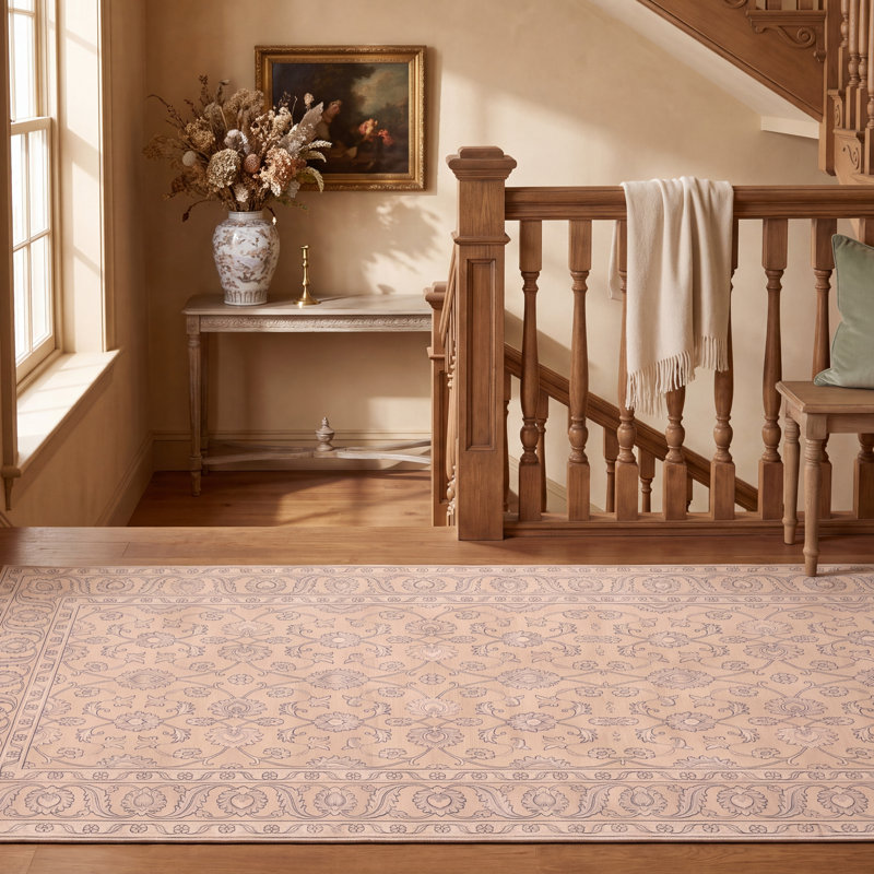 Tapis traditionnel Onyx à motif floral intégral gris crème ivoire beige rose, lavable à la machine, antidérapant, à poils courts, adapté à l'intérieur et à l'extérieur, pour salon, chambre, salle à manger, entrée, couloir, bureau