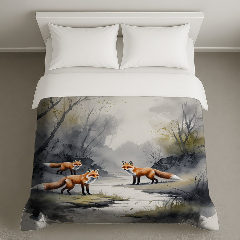 Three Foxes In Forest Duvet Covers, Queen