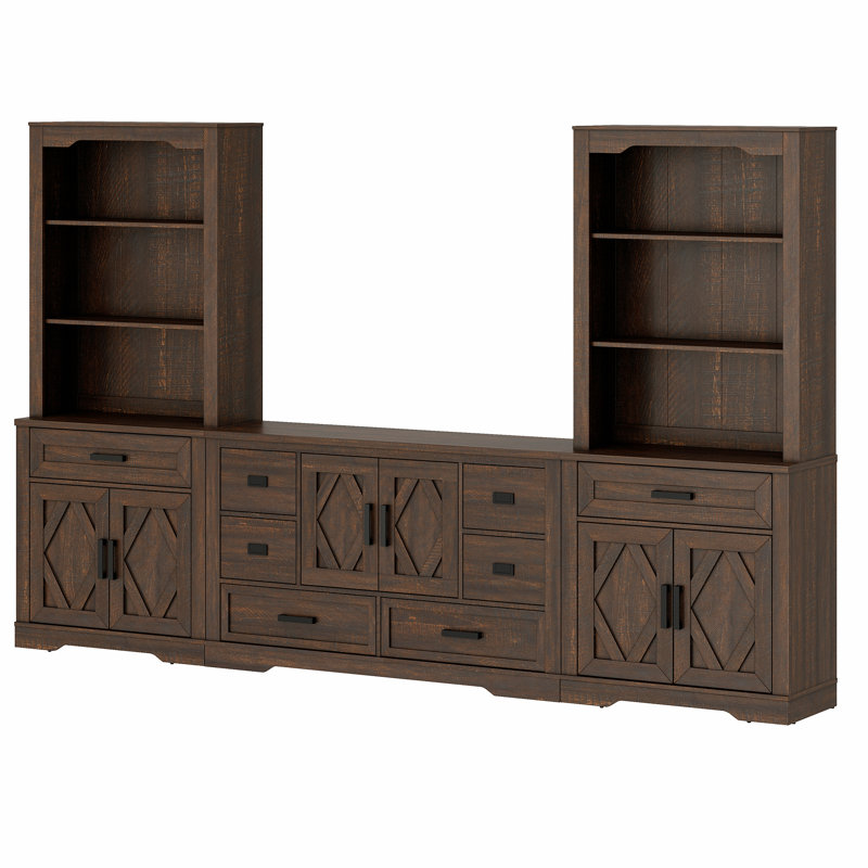 Laziza Stunning Farmhouse TV Stand - Distressed 6-Drawer Media Console & Elegant Dual Barn Door Bookshelves With 5 Spacious Storage Tiers For 60" Tvs
