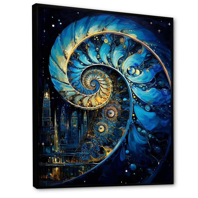 Nautilus, saphir, coquillages sur toile, H 32 po x l 24 po x P 1 po, Cadre flottant noir