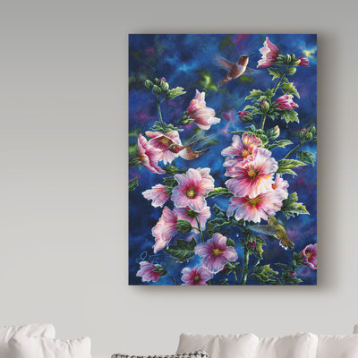 «Hollyhocks and Hummingbirds» par Fazulla, impression sur toile tendue