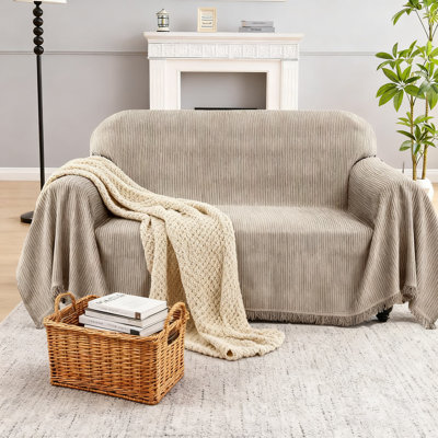 Reversible Chenille Sofa Cover With Tassel Fringe, Washable L-Shaped Sectional Protector For Pets And Families, Stretchable Slipcover For Multiple Fur