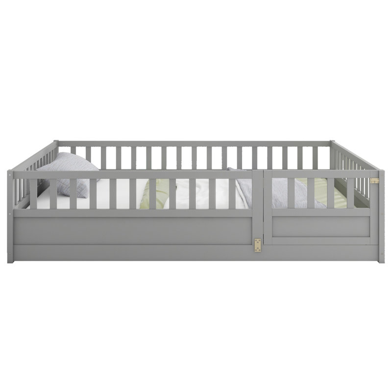 Montessori Wooden Floor Bed with High Security Barrier, Door, Kids Floor Bed Frame, Integral Construction, Gray, Full
