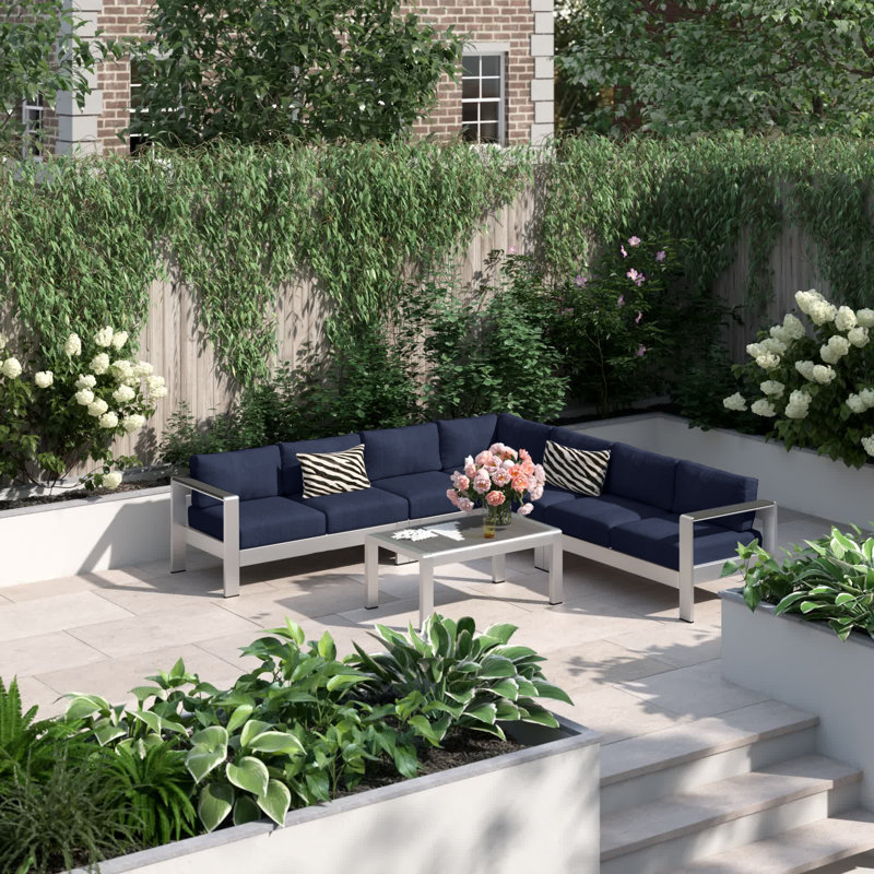 Shore 6 Piece Outdoor Patio Aluminum Sectional Sofa Set, Navy Sunbrella®
