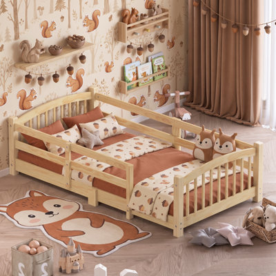 Lit bas de style Montessori pour enfants, certifié CPC, avec barrières de sécurité tout autour, montage facile, 1 place, en bois naturel