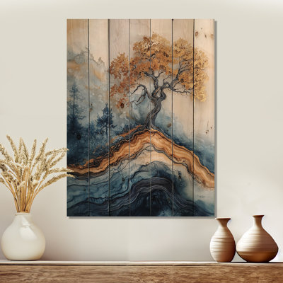 Aqua Infinite Golden Tree Of Life II - Tree Of Life Wood Print - On Natural Pine Wood