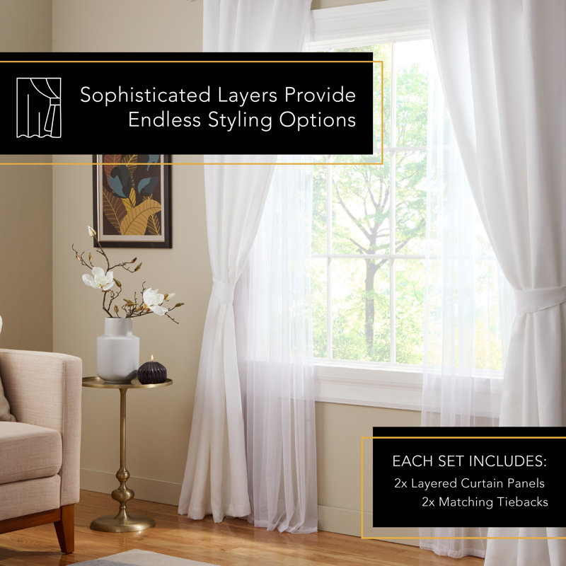 TOWN & COUNTRY LIVING Oslo Double Layer Room Darkening and Sheer Grommet Top Curtains 2-Pack, White, 52" W x 84" L
