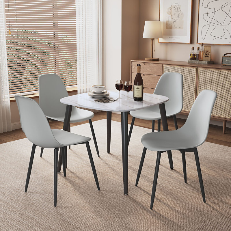Aspen Gloss White Sintered Stone Square Table with 4 Plastic Curve Chairs - Modern Dining Set, Grey