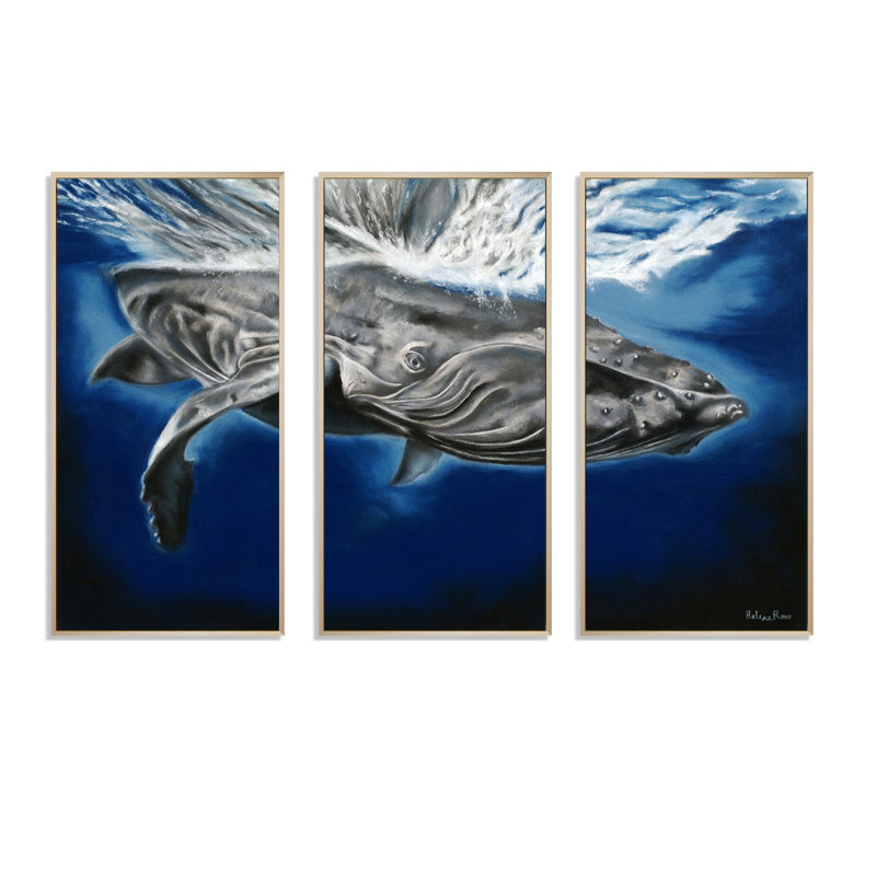 Portrait d'une baleine à bosse - Ensemble d'art mural encadré nautique et côtier sur 3, H 20 po x l 36 po x P 1 po, Brun
