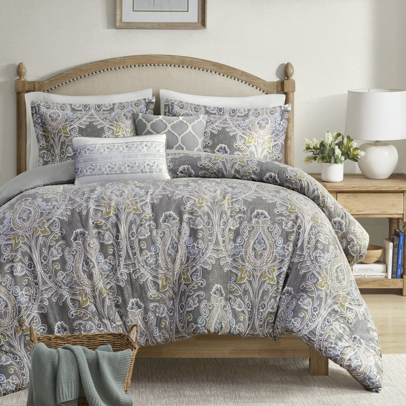 Elegant Grey Damask 5-Piece Cotton Duvet Cover Set