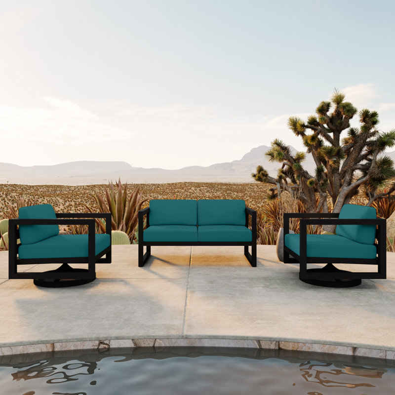 Avion 3 Piece Loveseat Set With Swivel, Slate, Spectrum Peacock Sunbrella® Plainweave