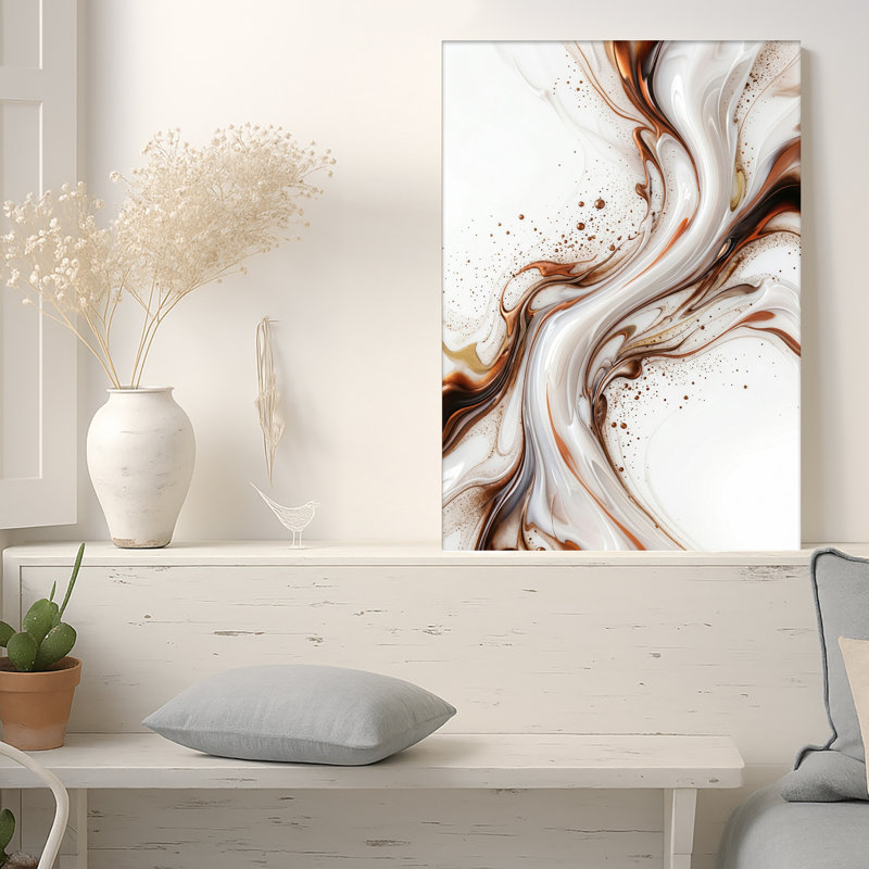 Art abstrait sur toile abstraite tourbillonnante, bronze, blanc, moucheté, fluide, 36"H x 24"W