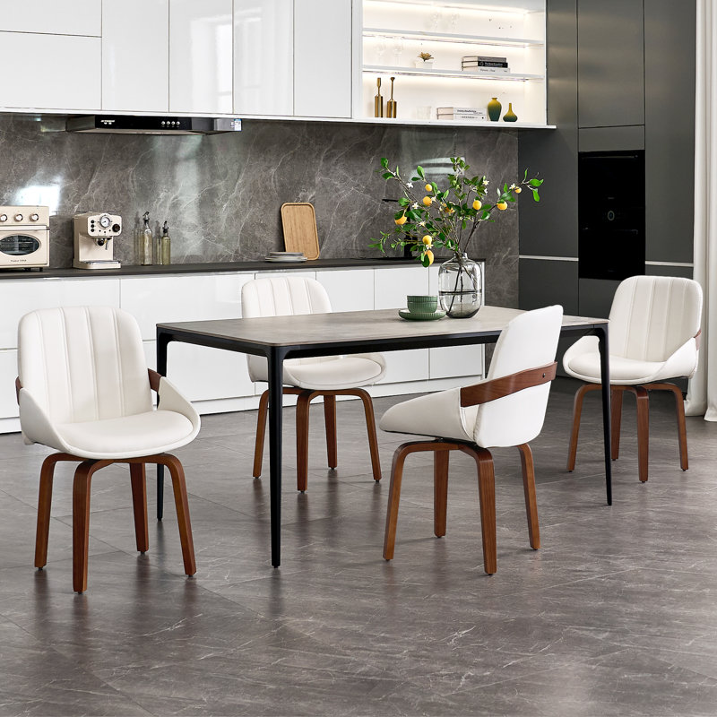 Modern Swivel Upholstered Faux Leather Solid Wood Dining Chairs, White