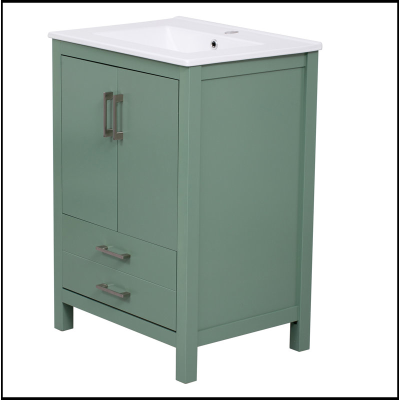Meuble-lavabo 24 po avec lavabo en céramique, meuble Storae autoportant moderne avec poignées argentées, portes à fermeture douce