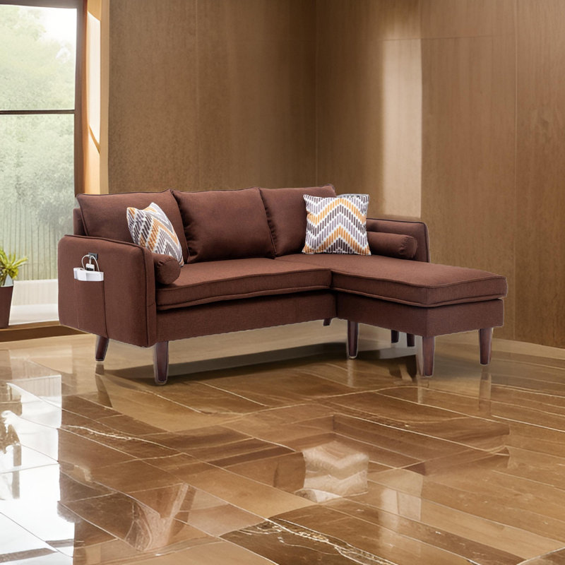 Gouvernour L Shaped Sectional Sofa Chaise with USB Charger & Pillows, Left Hand Facing, 100% Linen, Brown 100% Linen