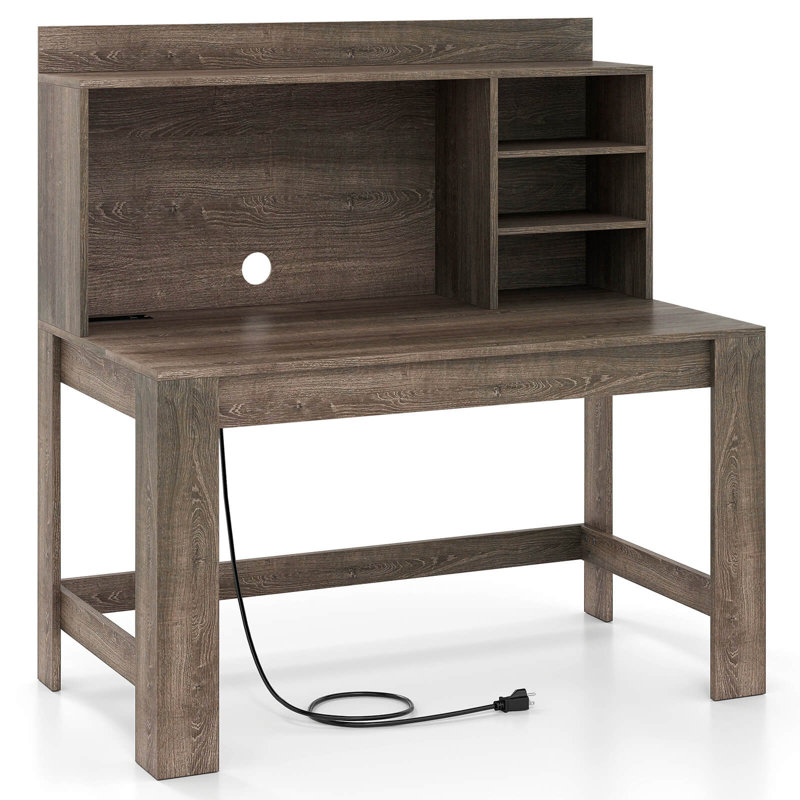 Bureau d'ordinateur avec huche 2 prises de courant USB et ports de charge Type-c 3 tablettes Chêne gris
