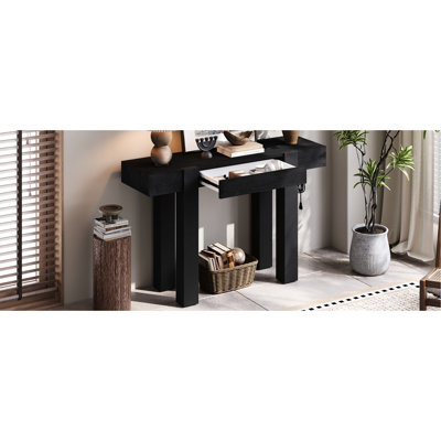 Console noire de conception rustique, tiroir caché, prise de courant latérale, pour bureau d'inspiration A, table minimaliste en bois massif, stable et fonctionnelle, maisons éclectiques convenables,