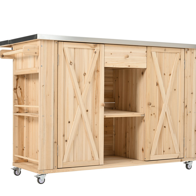 Bureau de cuisine extérieur polyvalent - Fabrication en bois de sapin, plateau en acier inoxydable, espaces de rangement, serviette et épices, ouvre-bouteille intégré, unité mobile avec roues verrouillables en bois d'îlot, comptoir, spacieux