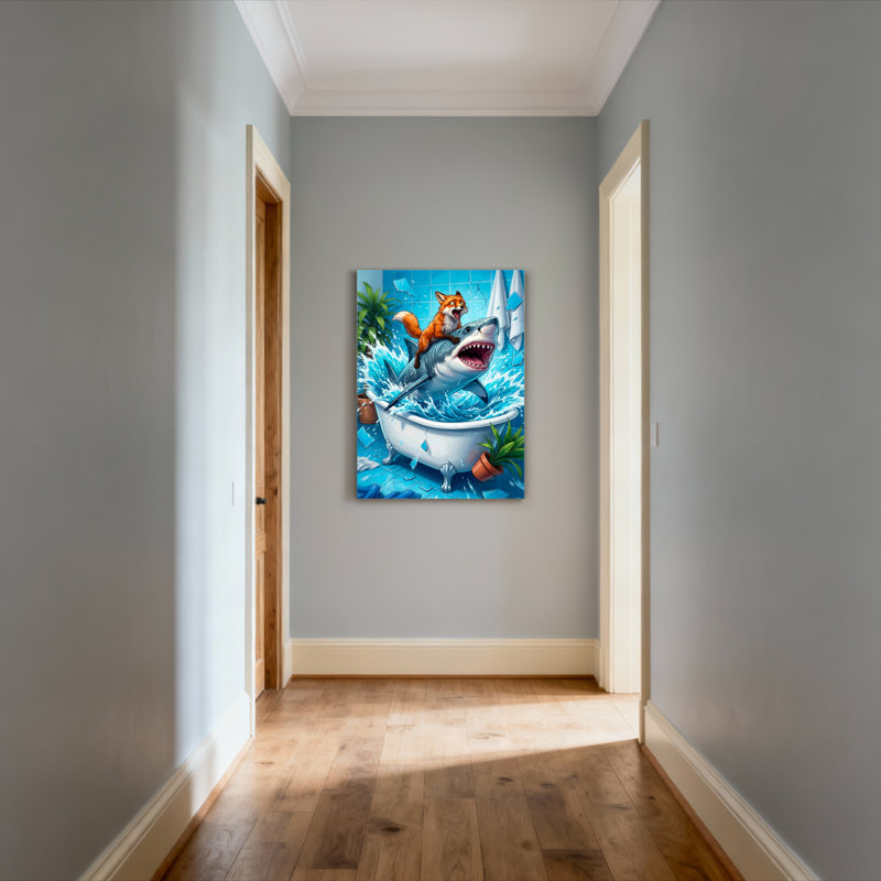 Fox Riding Shark In Bathtub Canvas Wrapped Wall Art Oil Painting Print Set Of 1, 24" H x 16" W