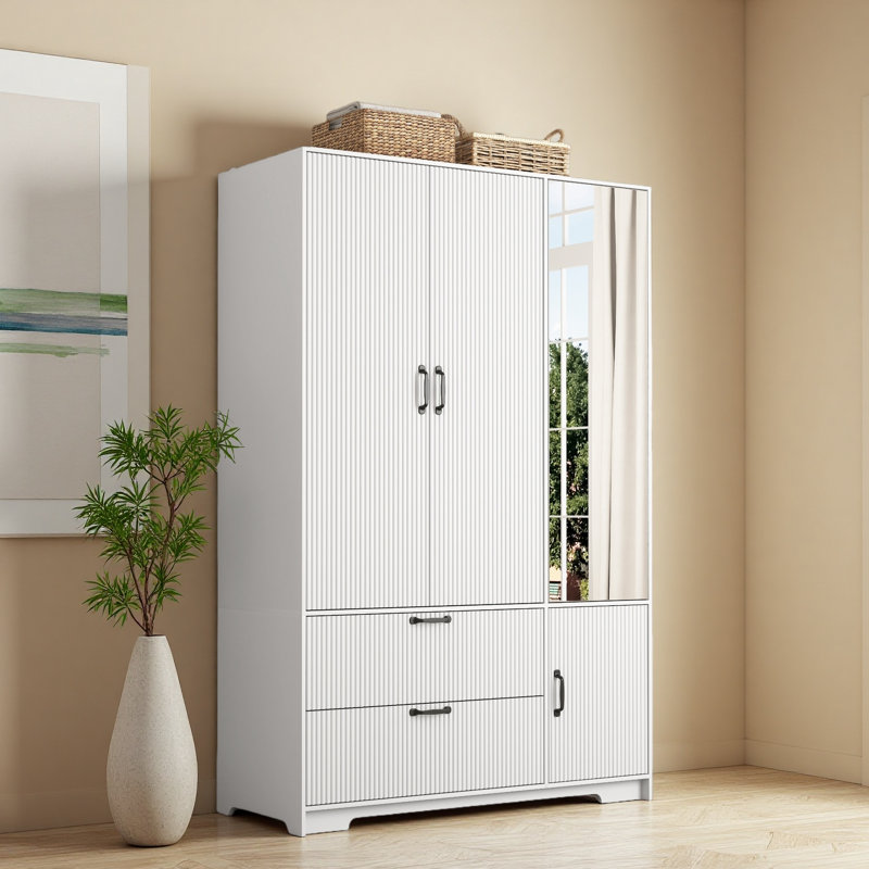 Armoire 4 portes avec miroir, armoire à DEL avec portes et 2 tiroirs, armoire de rangement en bois avec tringle