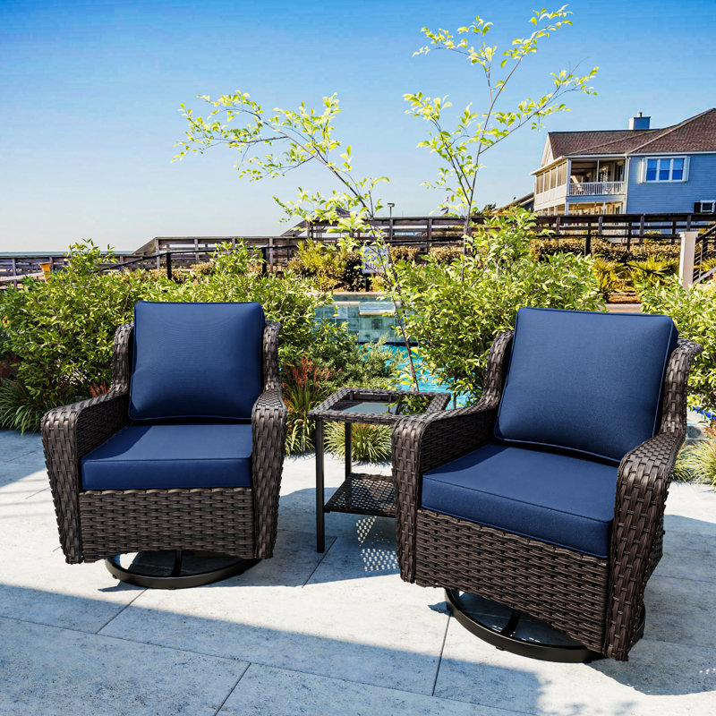 3-piece Patio Rattan Swivel Chair Set, Dark Blue