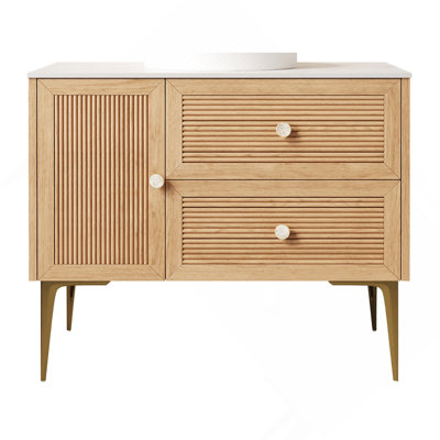 36" Freestanding Bathroom Cabinet With Carrara White Sintered Stone Counter Top, Two Drawers And One Door, NO Basin, Light Oak Woodgrain Color