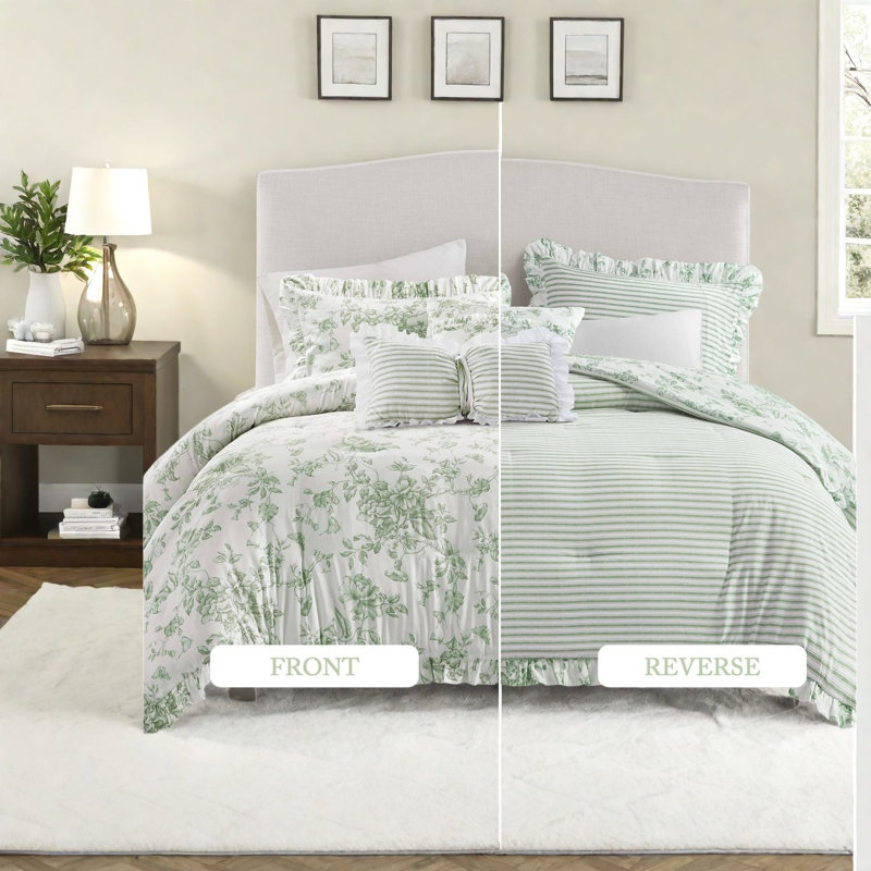 Premium Polyester Bedding Sets Full Queen, Sage Floral Ruffle for Home